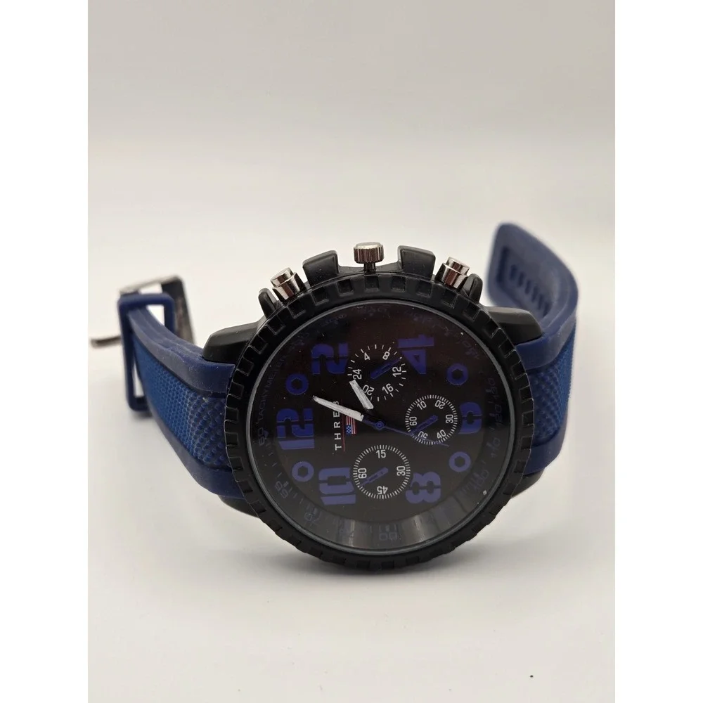 Accutime THRE3 Mens Sport Watch Black/Blue Dial Tachymeter Quartz Blue Silicone